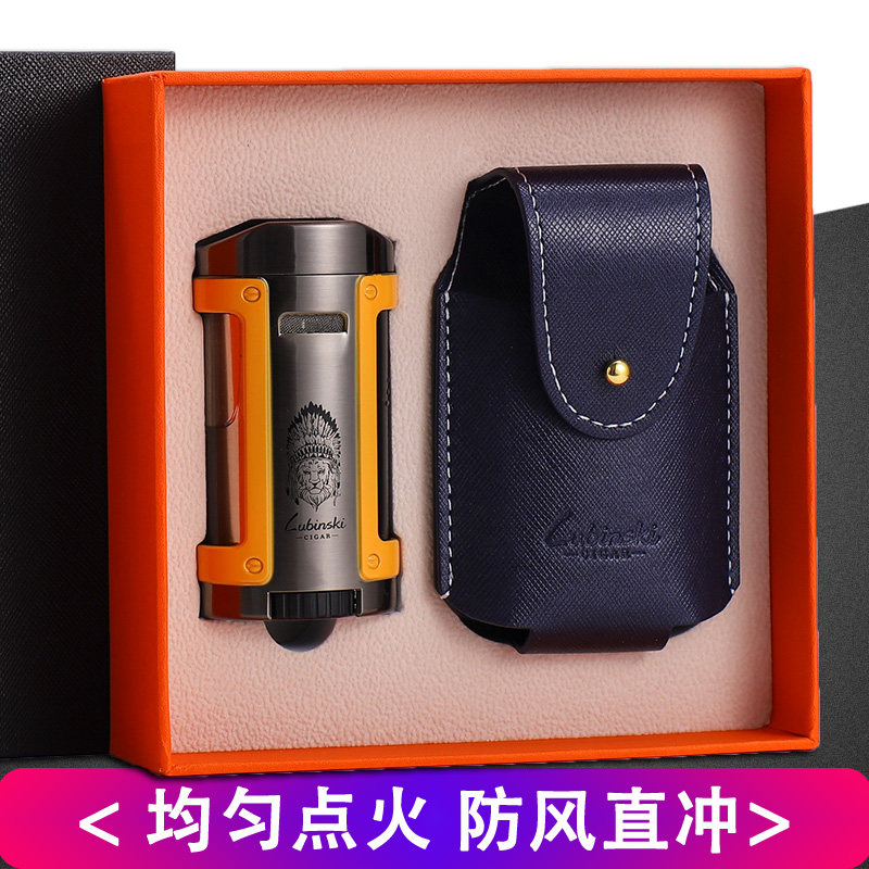 Rubinsky cigar lighter creative personality four fire straight into the lighter cigar smoke bracket lighter leather case