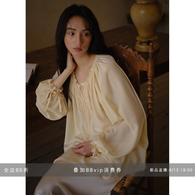 Commuse Memory『Frost Pleats』Lace-Up Lace Splicing Ruffled Silk Long-Sleeved Shirt for Women
