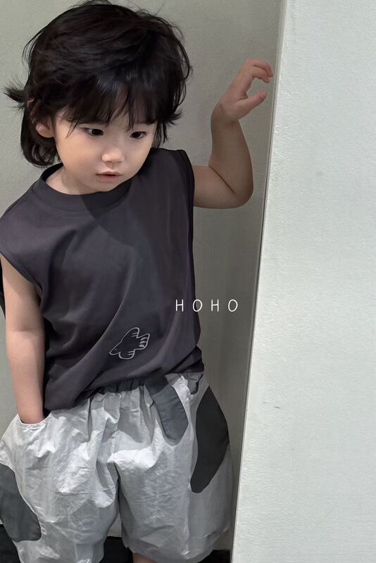 Hoho Children's Clothing Summer Style Gray Bird Print Sleeveless Vest T-Shirt for Boys Korean Style Handsome Breathable Shorts Hoho Children's Clothing Summer Style Gray Bird Print Sleeveless Vest T-Shirt for Boys Korean Style Handsome Breathable Shorts