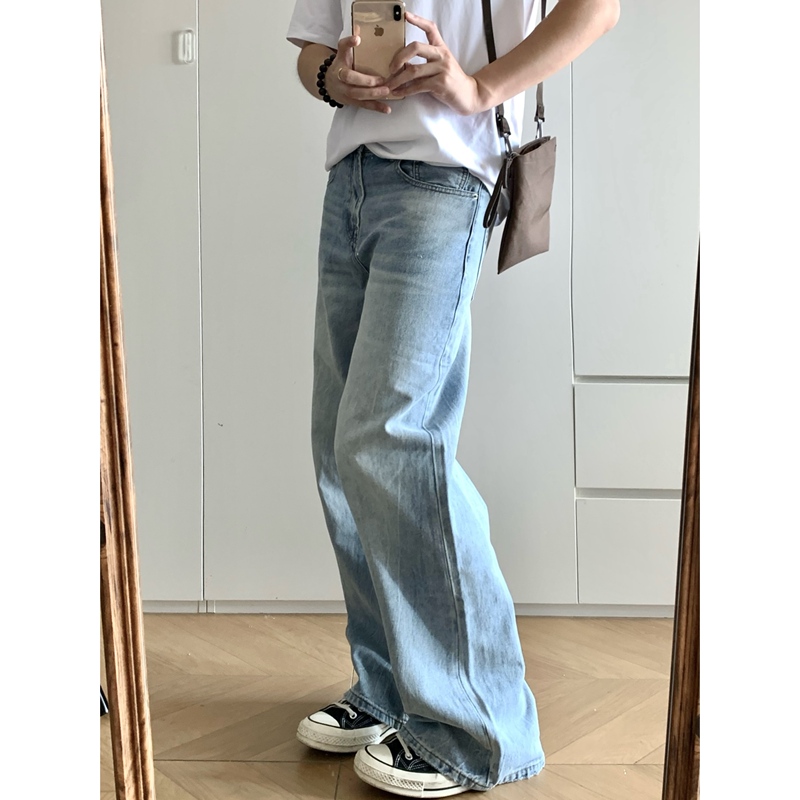 Drop Thunder Washed Vintage Light Blue Straight-Leg Jeans Distressed Versatile Unisex Long Pants Casual Trousers