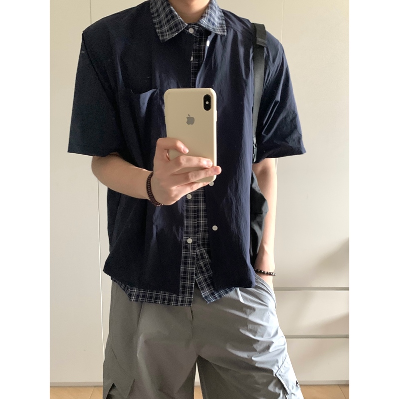 Drop Thunder Japanese Retro Short-Sleeved Shirt Plaid Cityboy Fake Two-Piece Salt-Style Loose Short Top Drop Thunder Japanese Retro Short-Sleeved Shirt Plaid Cityboy Fake Two-Piece Salt-Style Loose Short Top