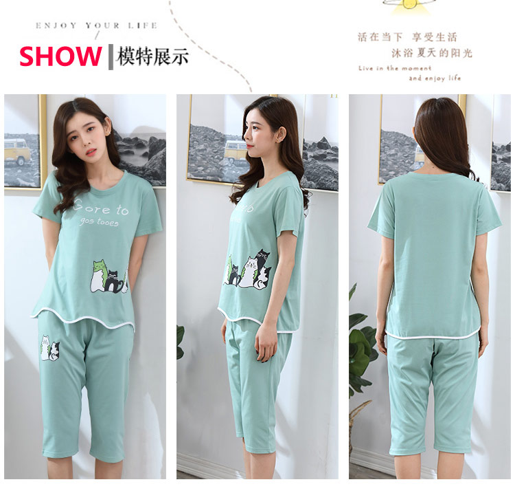 Bộ đồ ngủ mùa hè của phụ nữ phù hợp với quần cotton ngắn tay cắt quần hai mảnh mỏng quần kích thước lớn dịch vụ nhà lỏng lẻo có thể được mặc đồ bộ bầu
