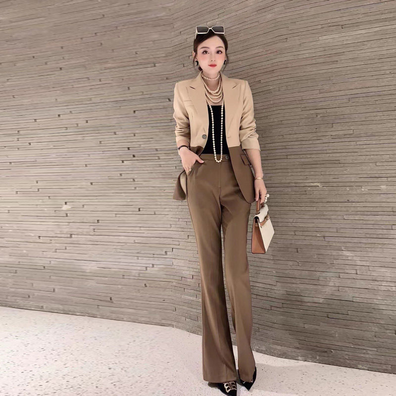 High-end design sense wool blend stitching suit jacket women's micro-flare pants high-end suit suit