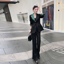 High level Sensation Salty Fried Street Design Sensation Wool Collision Color Suit Jacket Woman Spring Autumn Micro Laserpants Suit of the Suit Ocean Qi