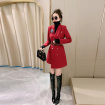 High level Sense Salt Department Fried Street Design Sensation Yuanyuan Temperament Chest Flowers Cashew Suit Jacket Jacket One-piece Dress Lady Spring Autumn Ocean Qi
