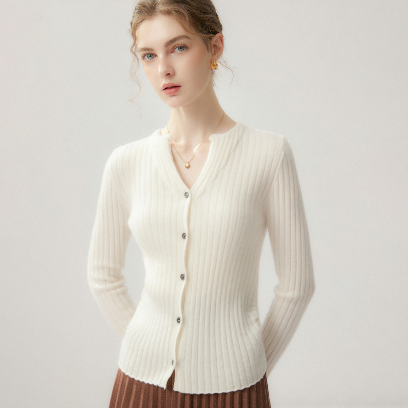 Elegant Aesthetic! French-Style Slim-Fit 100% Pure Cashmere Cardigan for Women, Small V-Neck, Autumn and Winter Pure Cashmere Sweater Base Layer