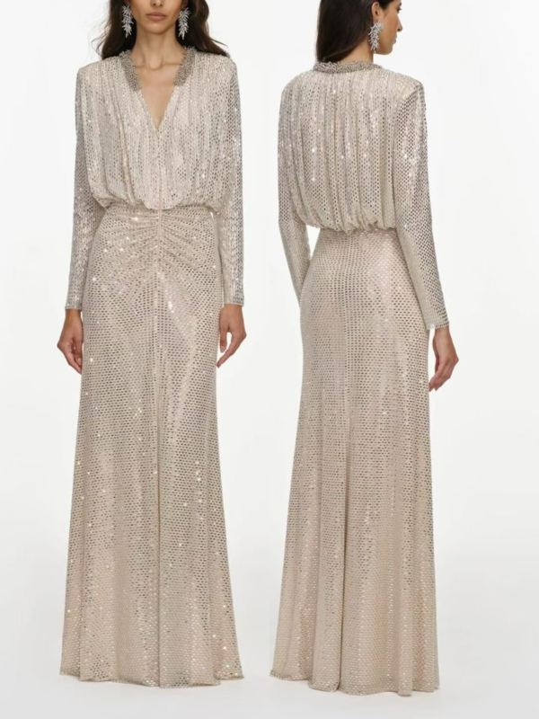 Fashionable Champagne-Colored Heavy-Duty Rhinestone V-Neck Elegant Waist-Cinching High-End Formal Dress