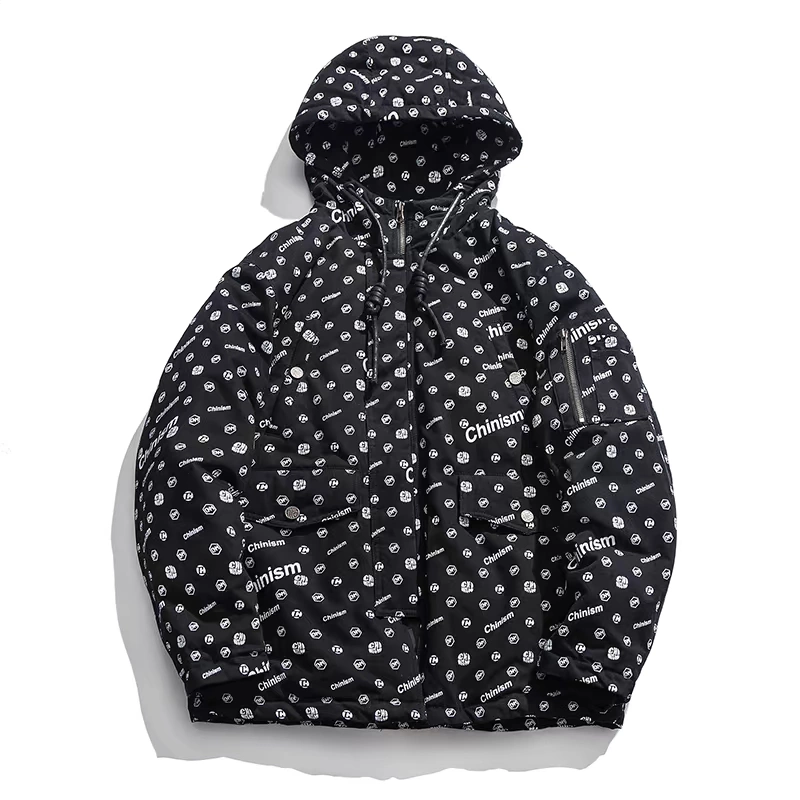 CHINISM Tay áo nam Zipper Pocket Pocket Chữ thường đệm đầy đủ In áo khoác trùm đầu lỏng lẻo