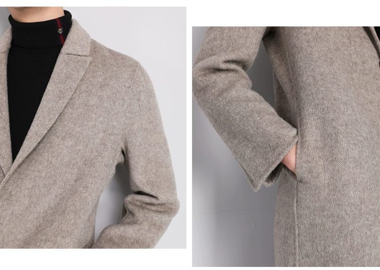 Noida mùa đông cao cấp twill cổ điển len xương cá + llama cashmere áo khoác dài handmade áo choàng nam