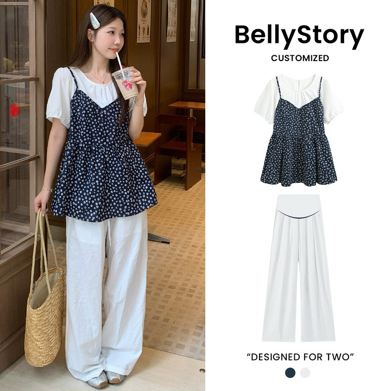 Maternity Wear Summer Set Trendy Mom Pregnancy Outfit Korean Style Chic Not Revealing Pregnancy Floral Fake Two-Piece Top Wide-Leg Pants Maternity Wear Summer Set Trendy Mom Pregnancy Outfit Korean Style Chic Not Revealing Pregnancy Floral Fake Two-Piece Top Wide-Leg Pants