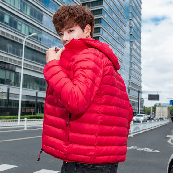 Down cotton jacket men's jacket new light and warm cotton clothing students handsome Korean version of slim short hooded cotton jacket