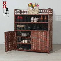 Woven shoe cabinet Multi-function shoe rack Simple household door living room wooden storage with door Multi-layer pastoral shelf