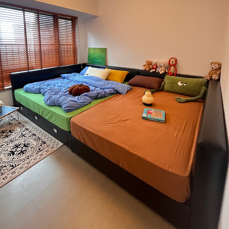 Two-Child Family Bed, Splicing Bed, Extra-Large Parent-Child Bed, Master Bedroom Large Bed, Double Bed, Solid Wood, Modern Minimalist Leather Bed
