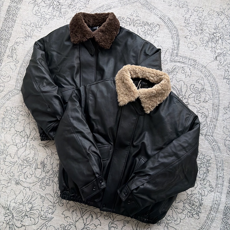 Ice up Detachable Lamb Wool Collar Thinsulate High-Fill Short Wide Retro Pu Leather Jacket Padded Thick Coat Ice up Detachable Lamb Wool Collar Thinsulate High-Fill Short Wide Retro Pu Leather Jacket Padded Thick Coat