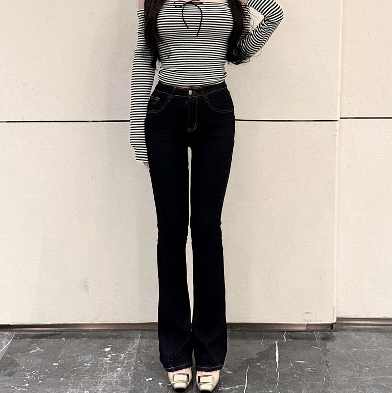 R1Ri Purity Dark Blue High-Waisted Stretchy Flared Jeans for Women, Slim Straight-Leg Korean Style Long Pants