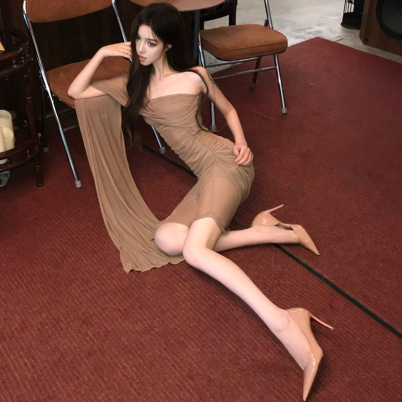 Yume You and Me【Flowing Water Meets Soulmates】Three-Piece Set of Stockings, High Heels, Sheer Gauze, See-Through Ribbon Dress