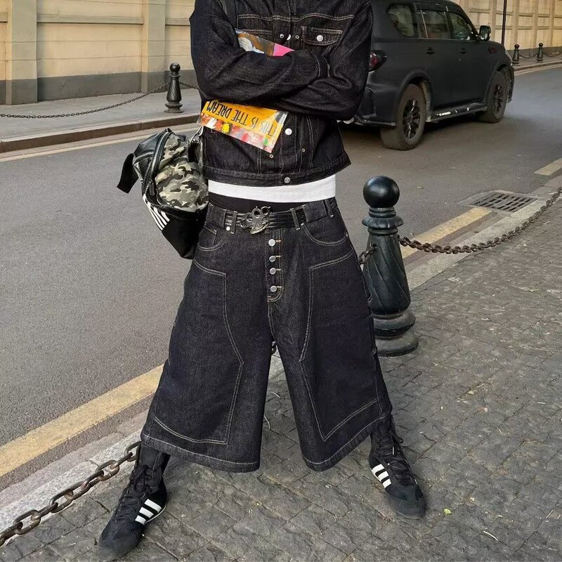 American-Style Stitched Paris Buckle Lumberjack-Style Denim Capri Pants for Men and Women, Raw Denim Workwear-Style Capri Shorts