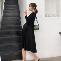 Pregnant women spring decoration body tight waist dress long over the knee sexy black spring tide mother foreign style long sleeve dress