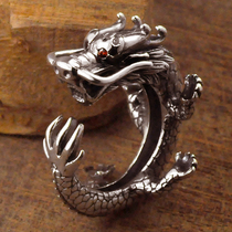 S925 Sterling Silver Huaxia Dragon Ring Male Thai Silver Retro Stereo Dragon Teng Domineering Mens Silver Ring