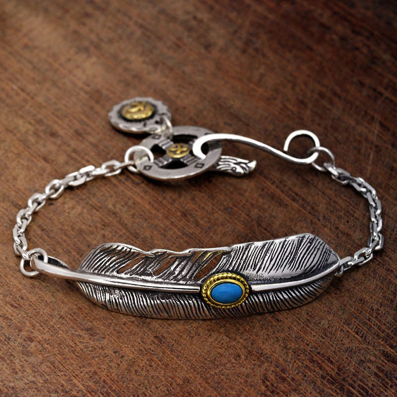 925 pure silver Indian personality retro Thai silver high bridge feather tide men's hand alchemy with green pine stone lovers