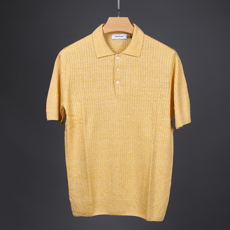 In Stock Gran Sasso Men's Cotton-Linen Blend Ribbed Polo Shirt Short Sleeve Made in Italy