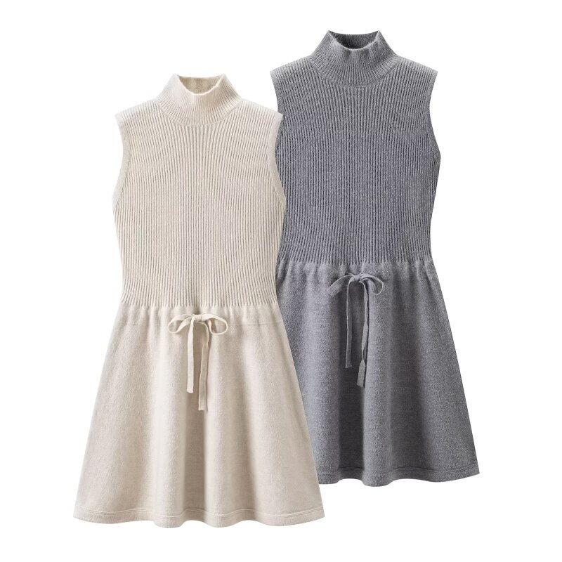 Xhaoo New American-Style Elegant Sleeveless Knitted Dress for Women with Half-High Collar, Tie Waist, Slimming Short Dress Xhaoo New American-Style Elegant Sleeveless Knitted Dress for Women with Half-High Collar, Tie Waist, Slimming Short Dress