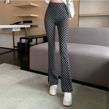 2022 autumn and winter new high-waist slimming slit wide-leg flared pants trendy all-match straight houndstooth casual pants women