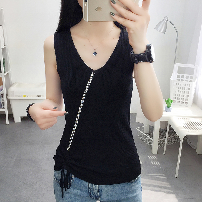 Ice-lụa dệt kim vest nữ Xia ne ei sling sắt khoan dây thừng tay t-shirt trang trí v cổ áo top wearth mỏng