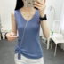 Ice-lụa dệt kim vest nữ Xia ne ei sling sắt khoan dây thừng tay t-shirt trang trí v cổ áo top wearth mỏng 