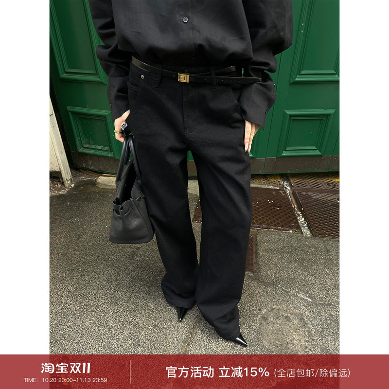 0122Stepll Classic Black Denim Black Floor-Length Pants for Women, American Retro Style, Slimming Low-Waist Straight Casual Pants