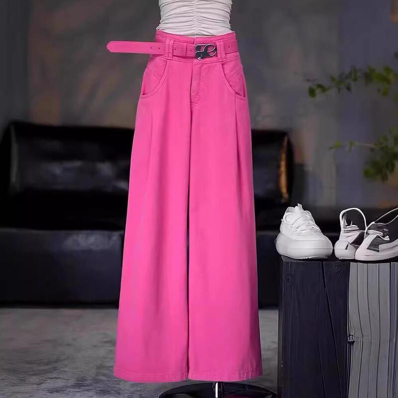 2025 Spring and Autumn New Popular Design High-Waisted Straight-Leg High-End Rose Red Wide-Leg Belted Jeans for Women 2025 Spring and Autumn New Popular Design High-Waisted Straight-Leg High-End Rose Red Wide-Leg Belted Jeans for Women