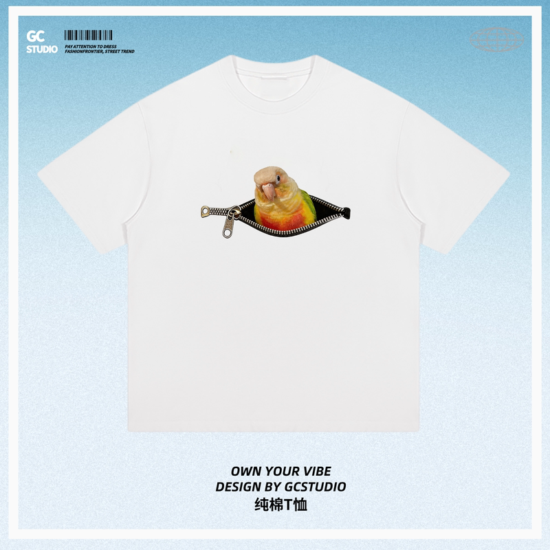 Zipper Little Sun Parrot Fun Pet Cartoon Short Sleeve T-Shirt Pure Cotton Cute Birds
