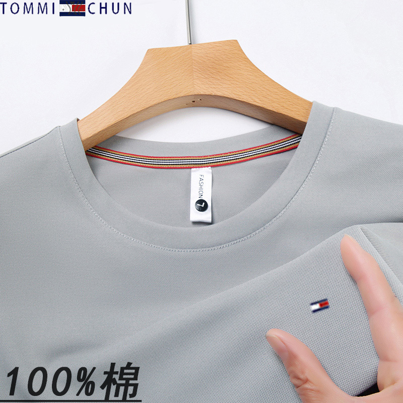 Authentic Tommy Pure Cotton Short-Sleeved T-Shirt for Men, Summer Thin Style, Round Neck, Fashionable, Breathable, Middle-Aged Half-Sleeved Top