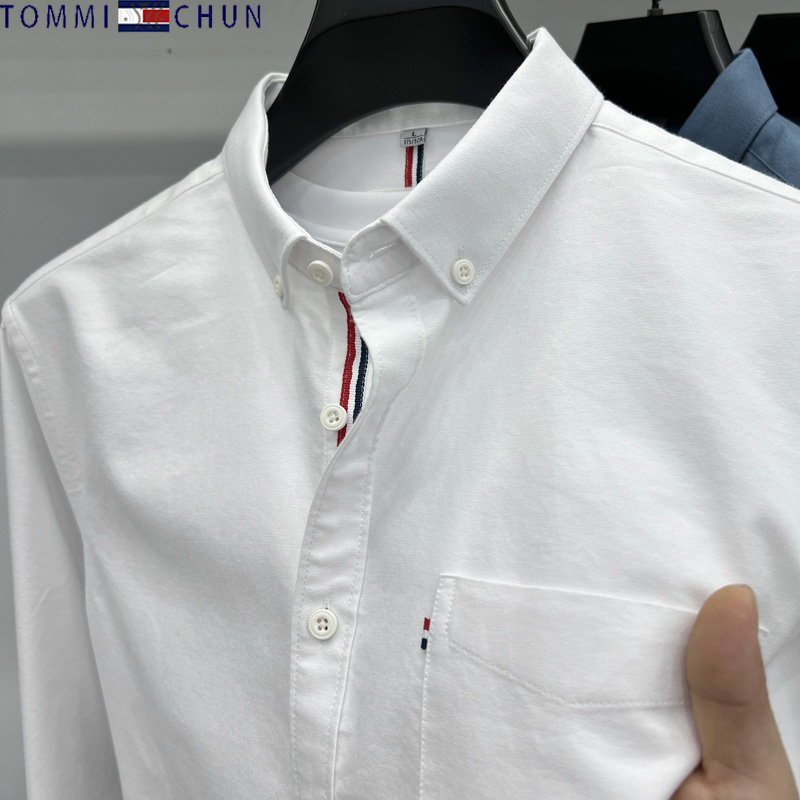 Authentic Tommy Pure Cotton Long-Sleeved Shirt for Men, Autumn and Winter New Fashion Casual Business Oxford Textile Shirt for Middle-Aged Men