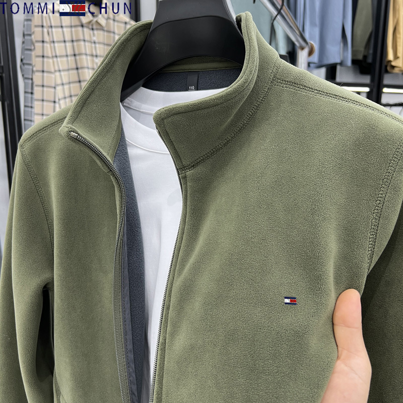 Authentic Tommy Solid Color Fleece Jacket Men's Outerwear Spring and Autumn Warm Casual Stand Collar Cardigan Fleece Jacket