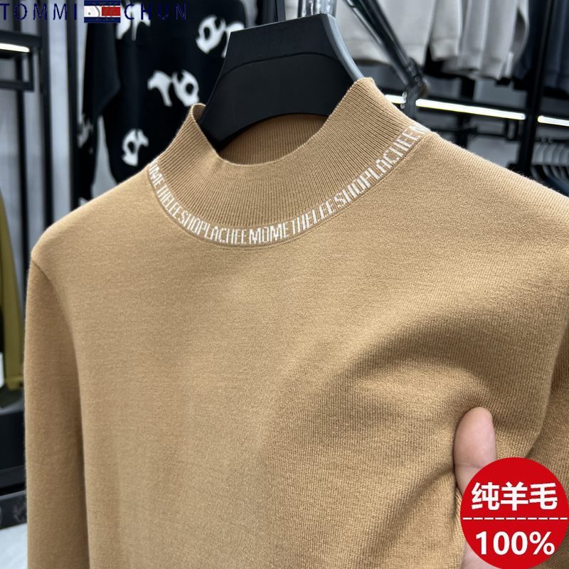 Authentic Tommy Wool Sweater for Men, 2024 Winter New Fashion Casual Warm Base Layer Sweater for Young and Middle-Aged Men