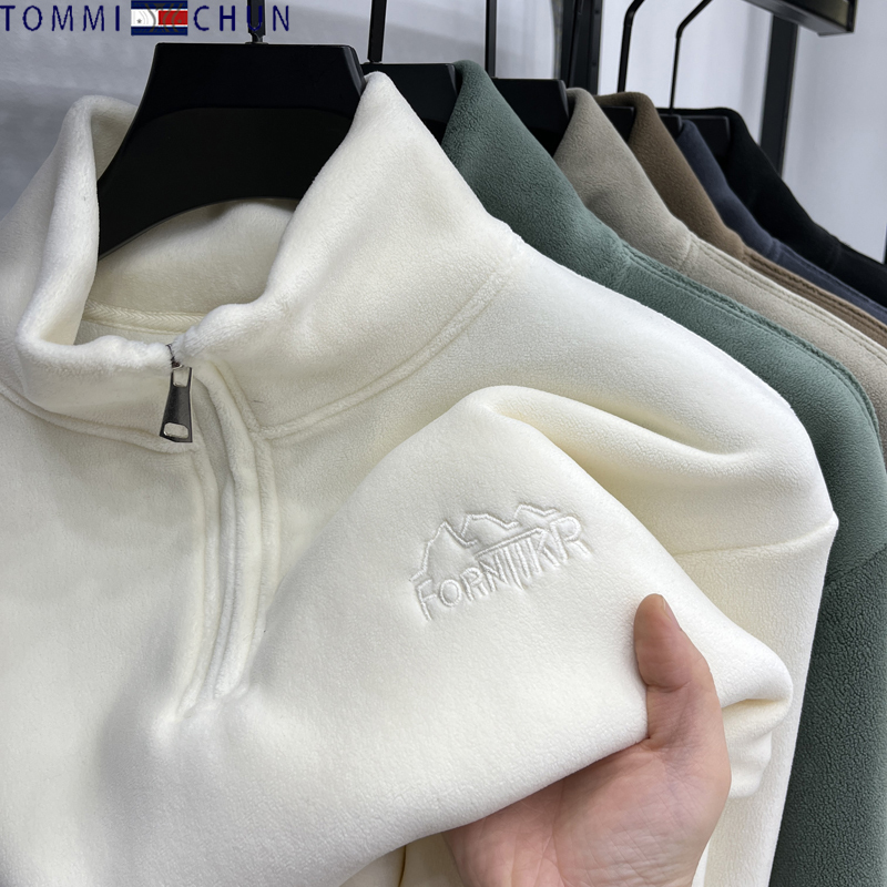 Tommy Hand-Grabbed Velvet Sweatshirt Men's Winter New Fashion Casual Warm Inner Polar Fleece Sweater Base Layer Thick