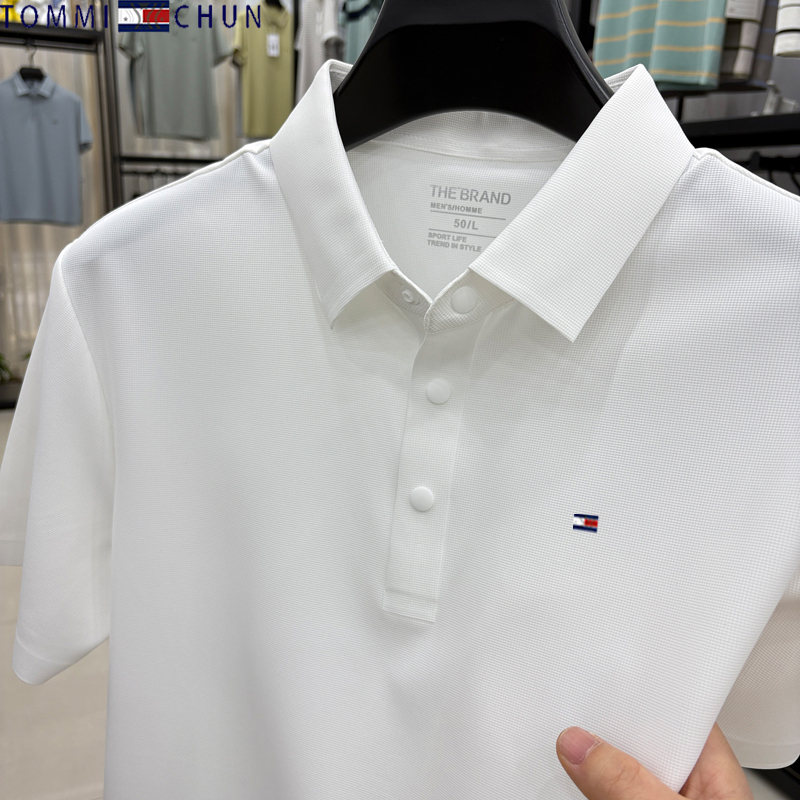 Authentic Tommy Pure Mulberry Silk Short-Sleeved T-Shirt for Men, New Summer Style Business Casual Embroidered Polo Shirt for Young and Middle-Aged People