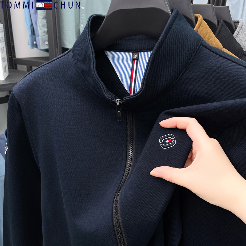 Authentic Tommy Pure Cotton Long-Sleeved Jacket for Men, New Autumn and Winter Fashion Casual Stand-Up Collar Cardigan Jacket for Young and Middle-Aged People