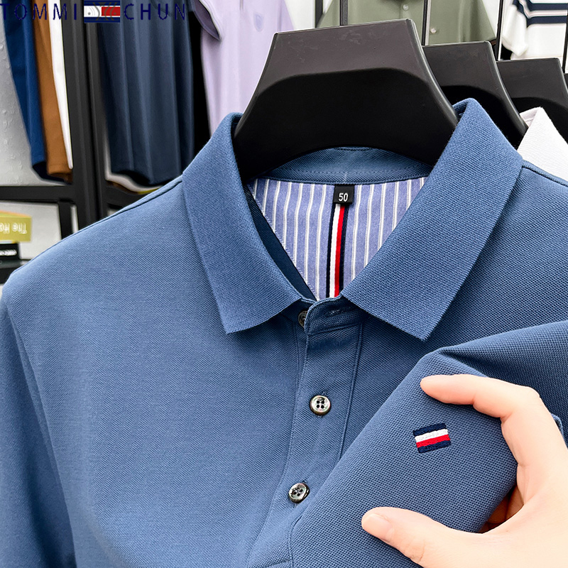 Authentic Tommy Pure Cotton Short-Sleeved T-Shirt for Men, Summer Thin Style, Fashionable Business Casual Embroidered Polo Shirt for Young and Middle-Aged People