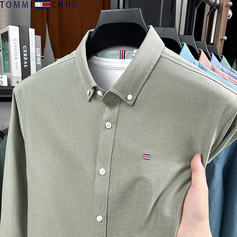 Authentic Tommy Long-Sleeved Shirt for Men, Spring and Autumn New Fashion Business Casual Embroidered Pure Cotton Shirt for Young and Middle-Aged Men