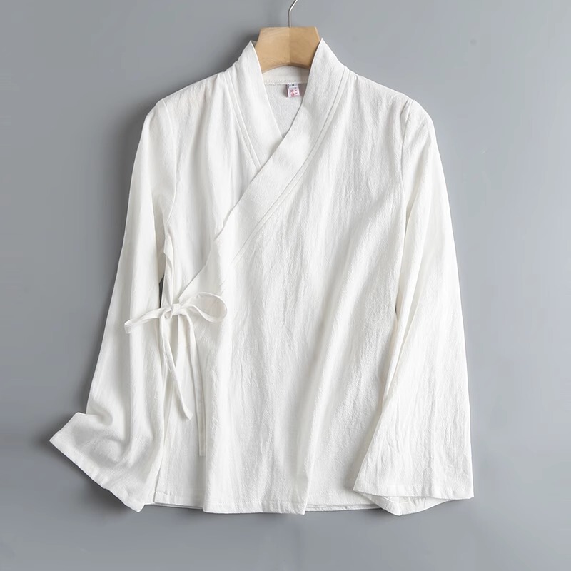 New Chinese-Style Improved Pure Cotton and Linen Flared Long-Sleeve Tang Suit with Cross-Collar and Tie, Hanfu Tea Dress for Women, Suitable for Spring and Summer Daily Wear