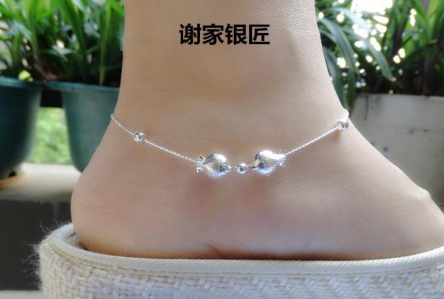 Xie Jia silversmith 999 sterling bạc vòng chân Song Ngư nữ vòng chân Nhật Bản và Hàn Quốc dễ thương hôn cá miệng đơn giản mùa hè tươi mát lắc chân nam