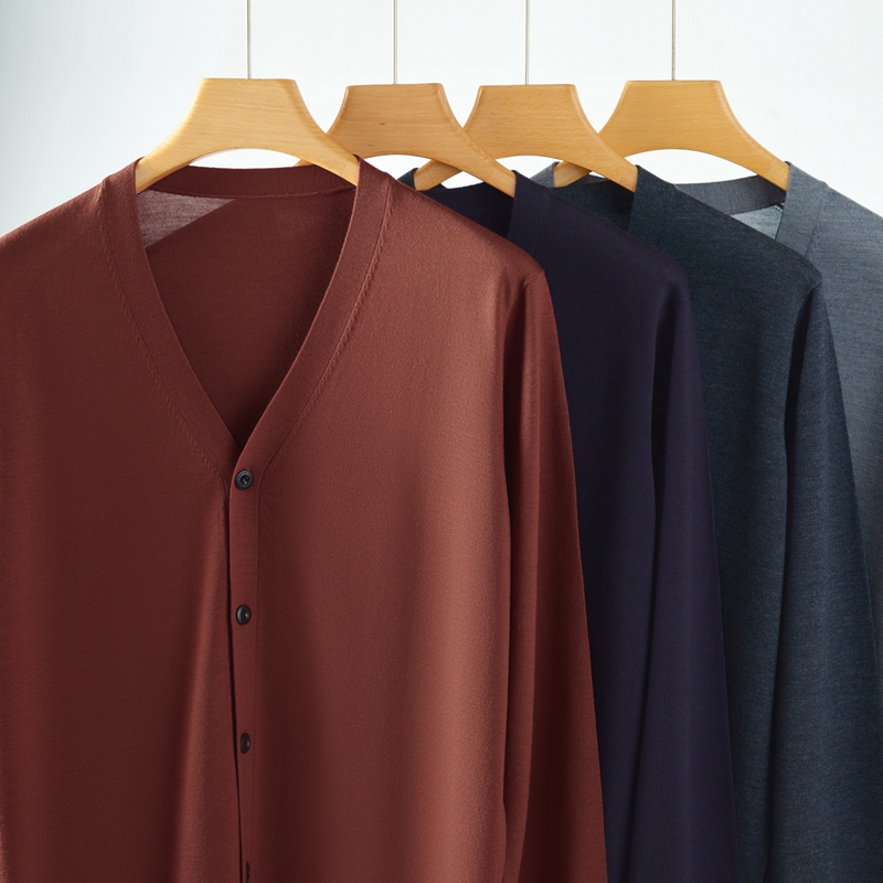 26 Spring and Autumn New Style 100% Fine Wool Cardigan for Men, V-Neck Thin Sweater, Loose Business Knitwear Jacket, Trendy