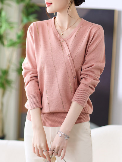 Mom Spring Clothing 2024 New Top Temperament Reducing Age 40 Years 50 Middle-aged and Elderly Women's Clothing Spring and Autumn Knitted Base Shirt