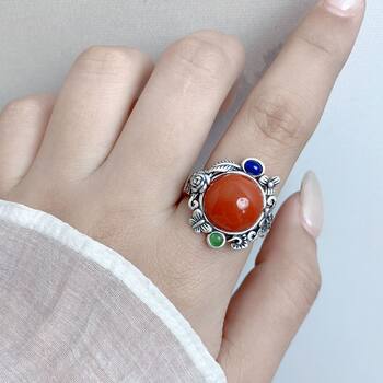 S925 silver ring, round red egg-faced flowery ring, handmade retro silver ring, ethnic style inlaid ring