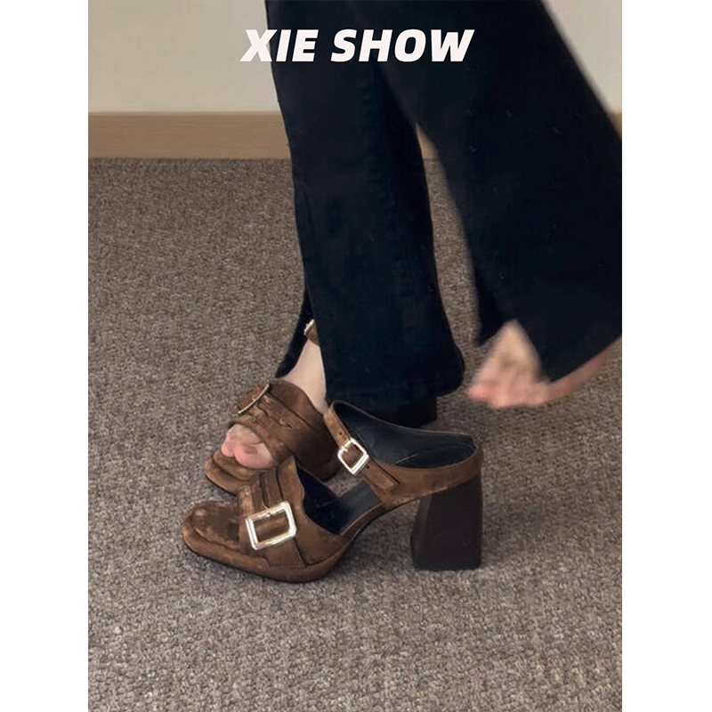 Sheepskin! Slippers 2024 Popular Internet Celebrity Retro Brown Square Toe Open Toe Thick Heel High Heels Beautiful Slippers