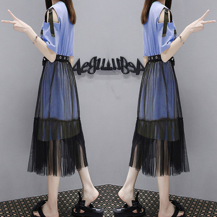 欧洲站港味套装两件套女夏2018新款网纱露肩