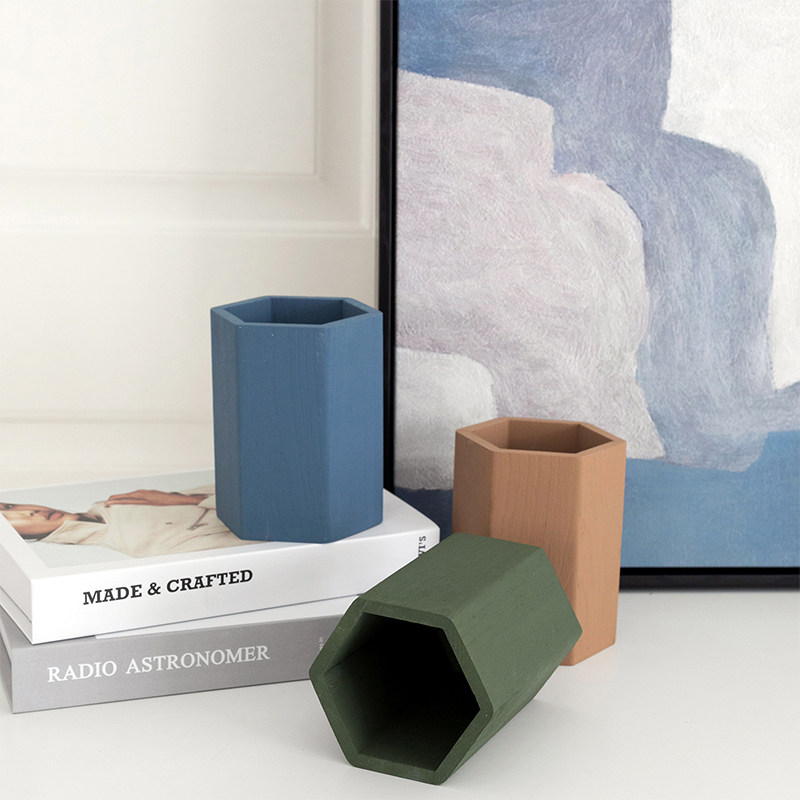 Morandi Color Ensemble Wooden Pen Holder Nordic Style Tabletop Containing Box Hexagon Creative Pendulum Fashion Cute