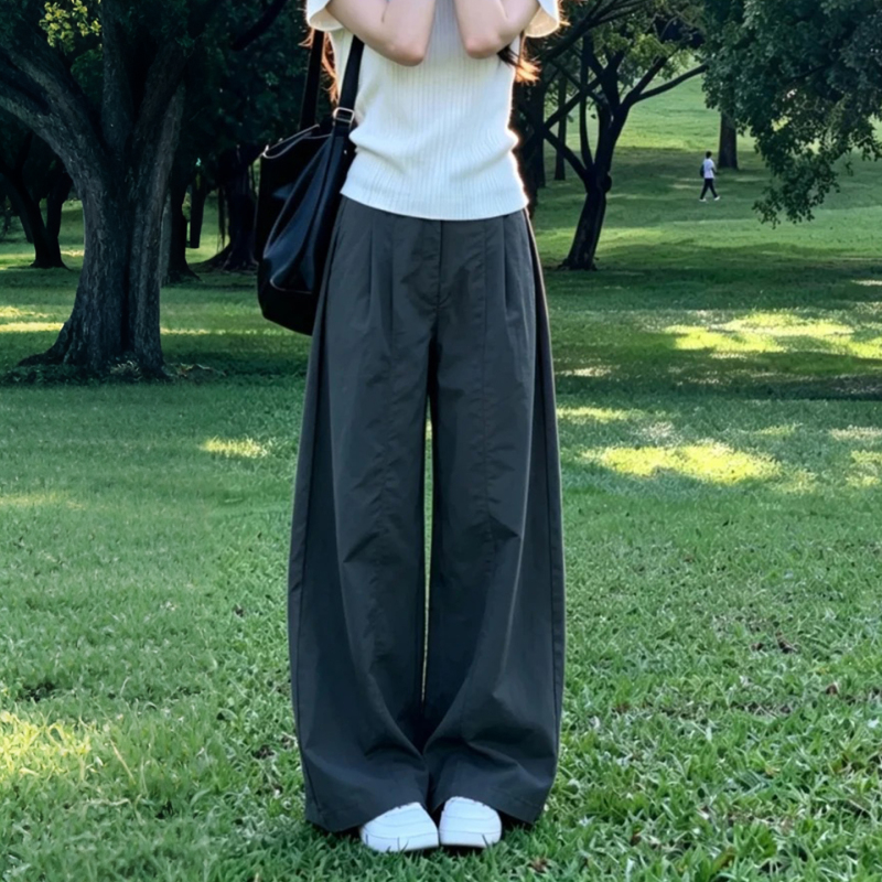 Gray Pants for Women, Autumn Quick-Drying Cargo Pants, Plus-Size Slimming Wide-Leg Pants, Ice Silk Sports Pants, Korean-Style Scimitar Pants